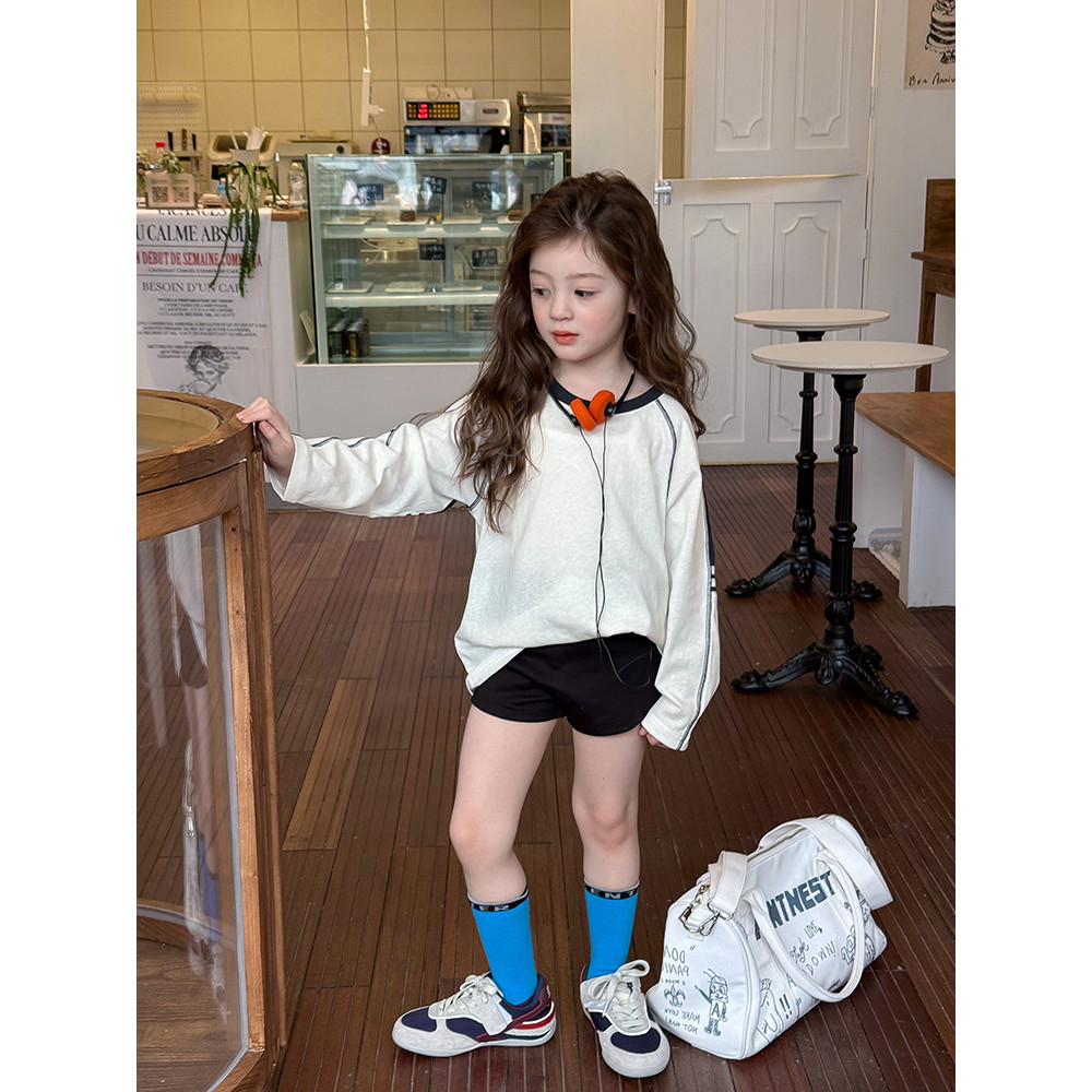 BEIFU Infantil Primavera Verão Estilo Ocidental Contraste Cor Manga Comprida Protetor Solar Roupas Camiseta Meninas Vers