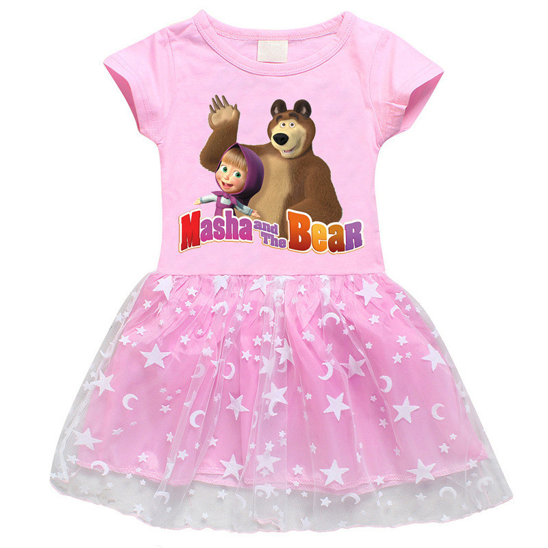 Desenhos Animados Masha E O Urso Crianças Meninas Vestido De Manga Curta Casual Algodão + Malha Tule Vestidos De Festa D
