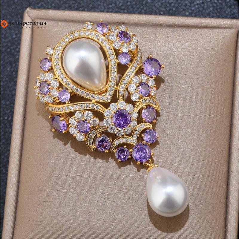 [PPTS] Broche Com Pingente De Pérola Violeta Distinto Strass Perfeito Para Traje De Evento Bla Tie
