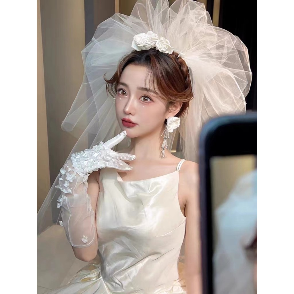 Gaze de noiva véu de gaze fofa casamento mestre cocar de casamento colar proposta de evidência estúdio fotográfico viage