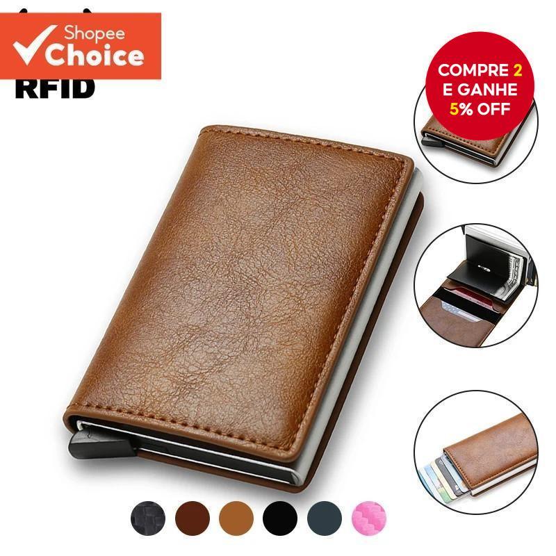 ANTI Rfid Titular Do Cartão De Crédito Carteiras Masculinas Caso Banco Pequeno Couro Fino Magia Mini Carteira Inteligent