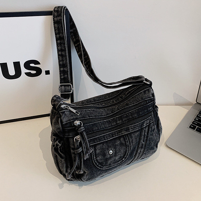 Bolsa jeans lavada, bolsa transversal elegante, bolsa de ombro com vários bolsos