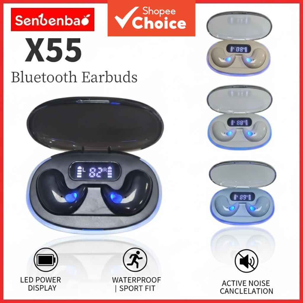 Fones de ouvido Senbenbao X55 TWS para dormir, fones Bluetooth com display LED, HiFi estéreo, fones de ouvido com
