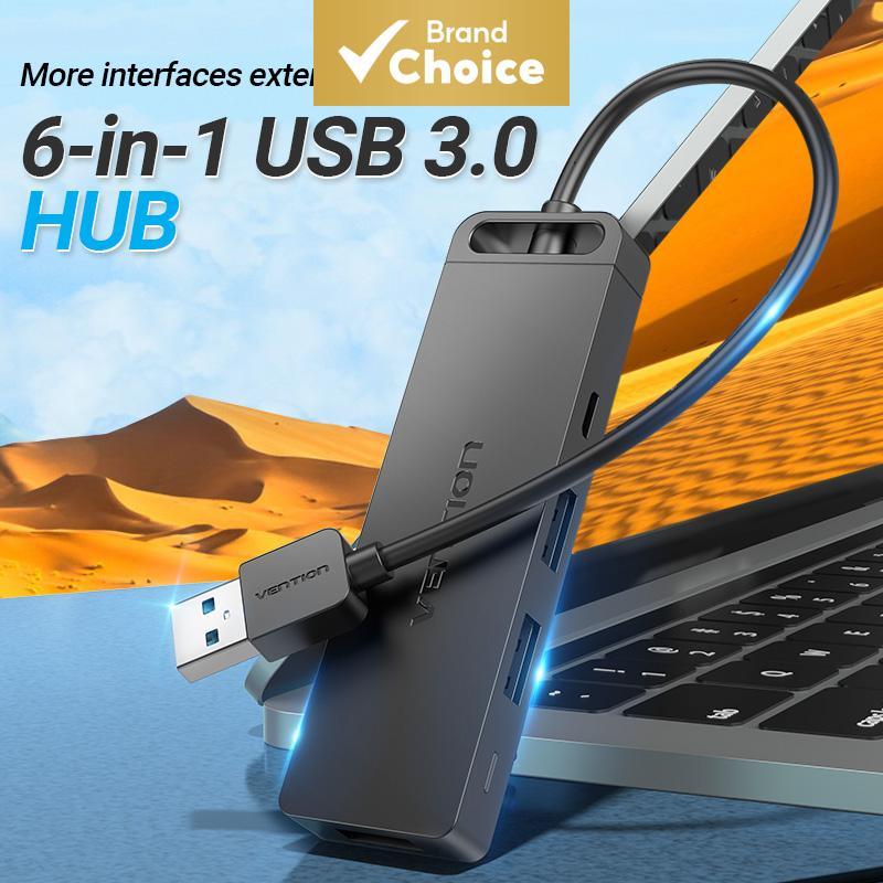 Vention Adaptador OTG USB 3.0 6 em 1 Tipo Micro-B, leitor de cartões SD/TF, hub multiporta para computadores e notebooks