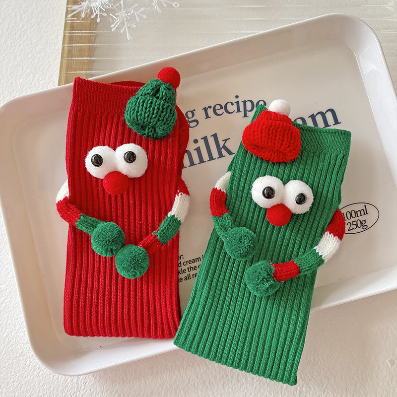 [Estoque pronto] Cachecol outono inverno meias de Papai Noel feminino vermelho casal presentes meias cano médio ano novo