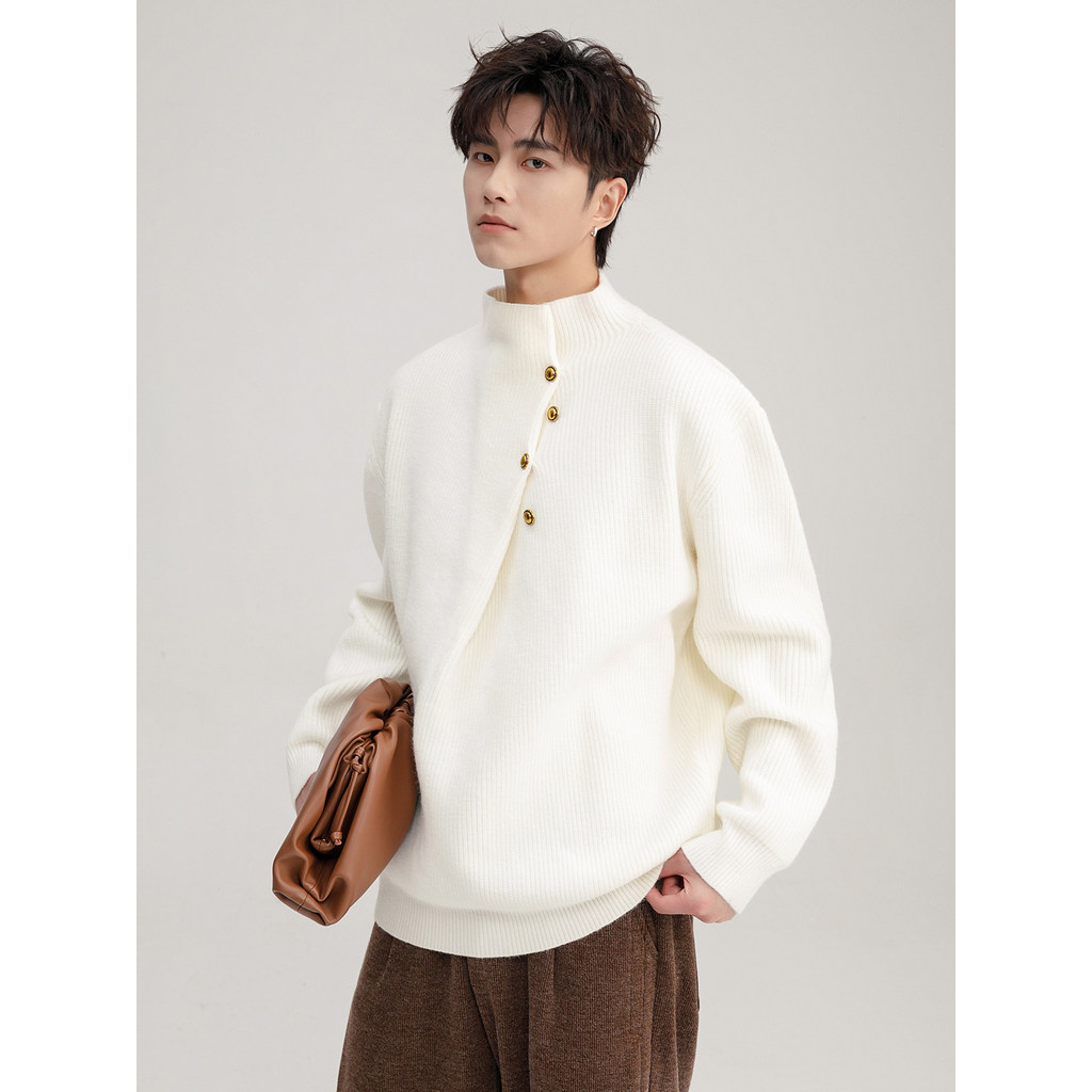 CHICERRO Sicilian Roupas masculinas simples High-End retrô botão de Metal meia gola alta suéter inverno