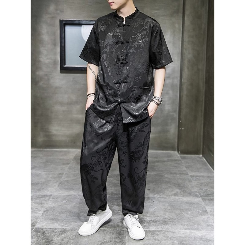 Estilo chinês verão estilo fino gelo seda terno de manga curta Retro dragão padrão Tang terno masculino chinês montanha 