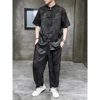 Estilo chinês verão estilo fino gelo seda terno de manga curta Retro dragão padrão Tang terno masculino chinês montanha 