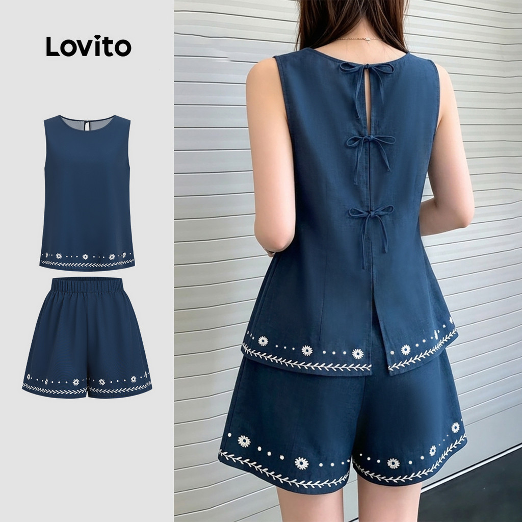 Lovito Elegantes Tops Nacional Textura Primavera/Verão Shorts AzulMarinho Para Mulheres LK6ED784