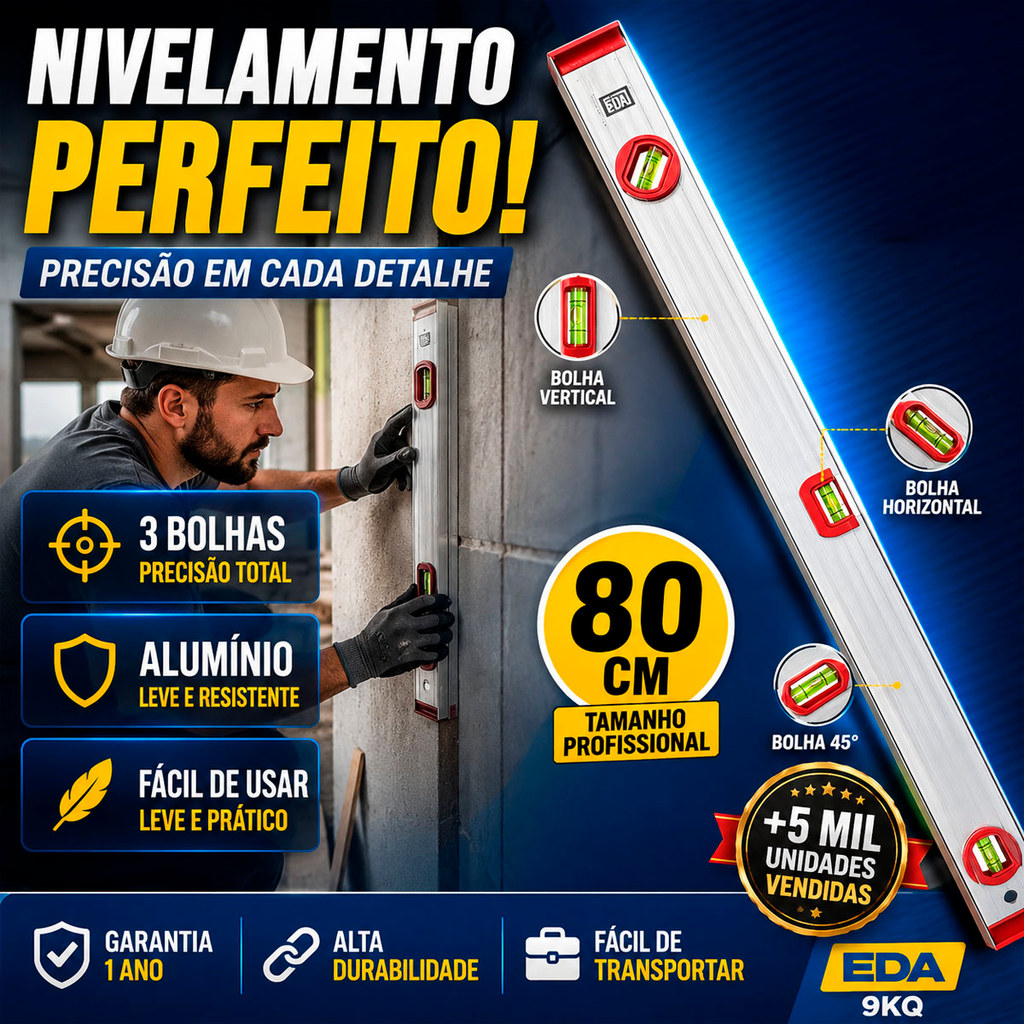 Nível Manual EDA 80cm 3 Bolhas P/ Alinhamento Nivelamento Perfeito Pedreiros Ins