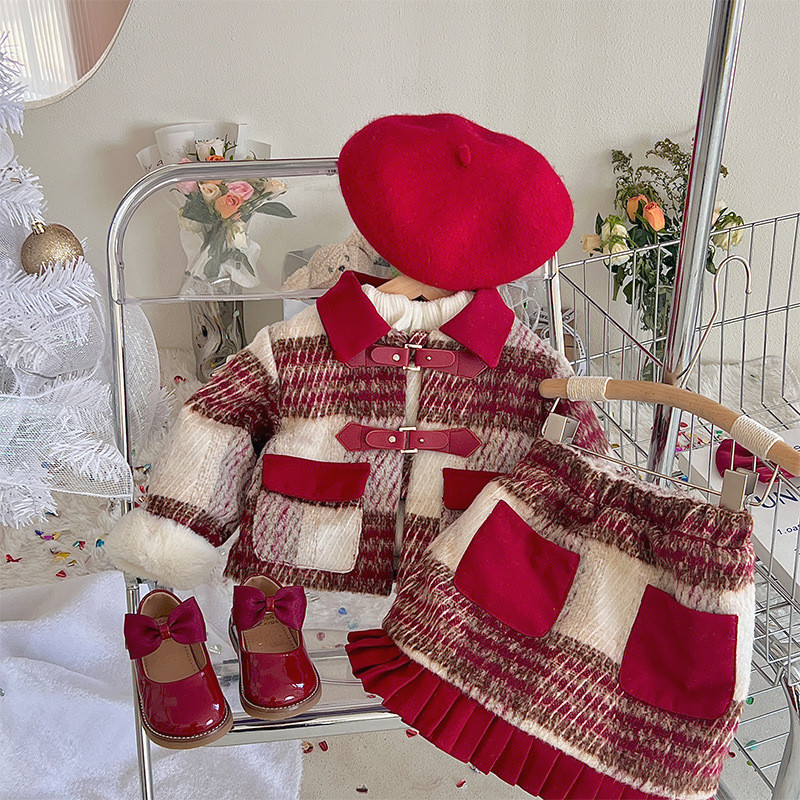 Meninas saia terno inverno crianças moda influenciador moda vermelho bebê menina ano novo roupas de duas peças terno