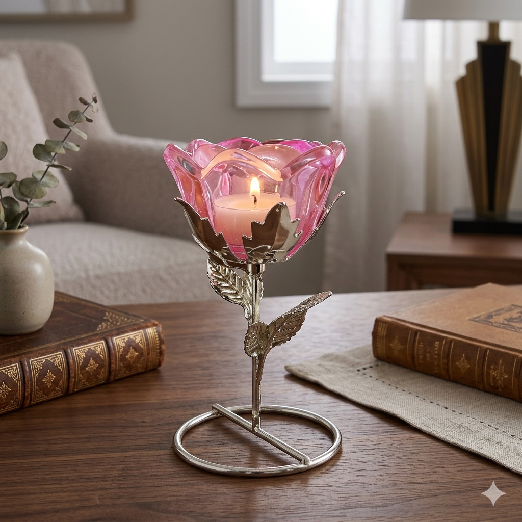Castiçal Rosa de Vidro 13cm Formato Rosa Porta Vela Decorativo Romântico Elegante Decoração Mesa Centro