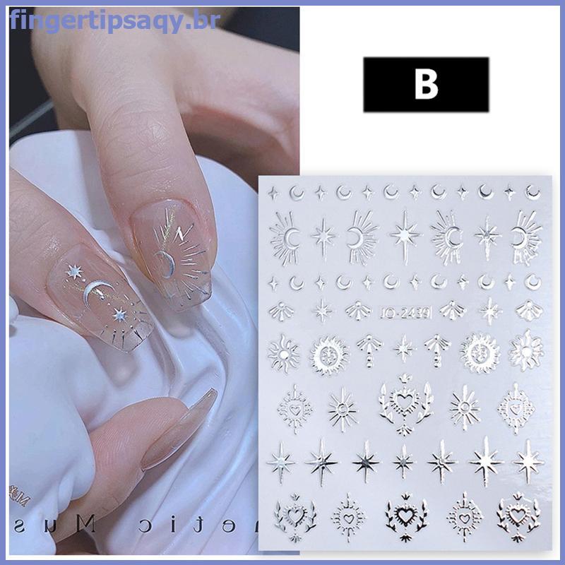 FINGE 3D Sol/Lua/Estrela Hot Stamping Nail Art Stier Decal Ouro Prata Autoadesivo Slider ,