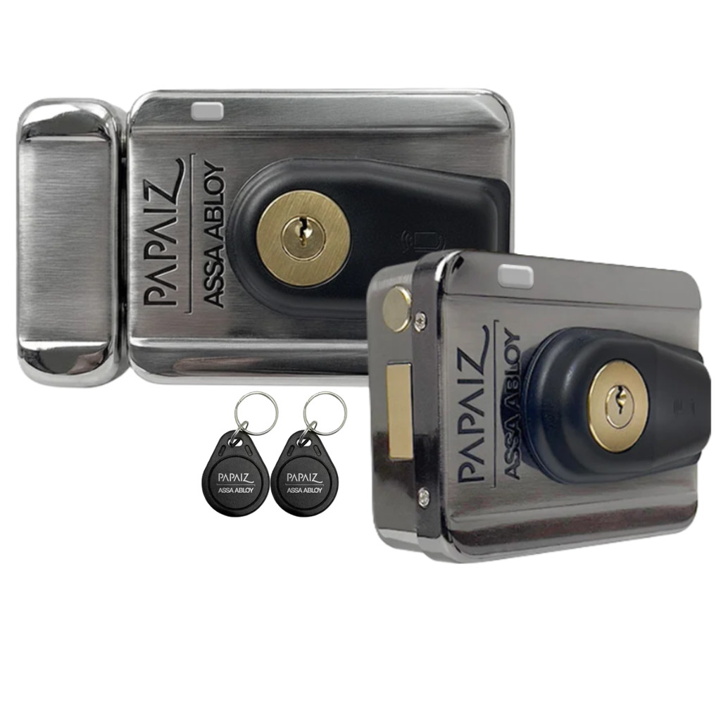 Kits de Fechadura Elétrica Externa Papaiz com aberta por controle remoto e TAGs - Preta ou Inox com TAGs extras