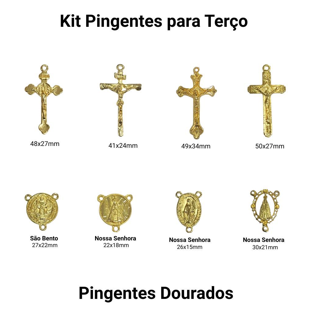 Kit 8 Pingentes Dourados Crucifixo e Entremeio para Montagem de Terço Tamanhos e Modelos Variados