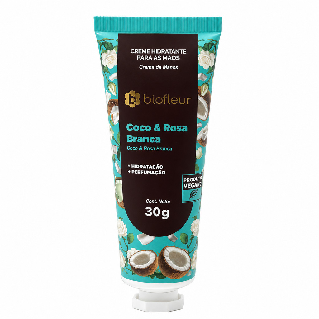 Creme Hidratante Para Mãos Biofleur Coco & Rosa Branca 30g Vegano Hidratante Perfumado