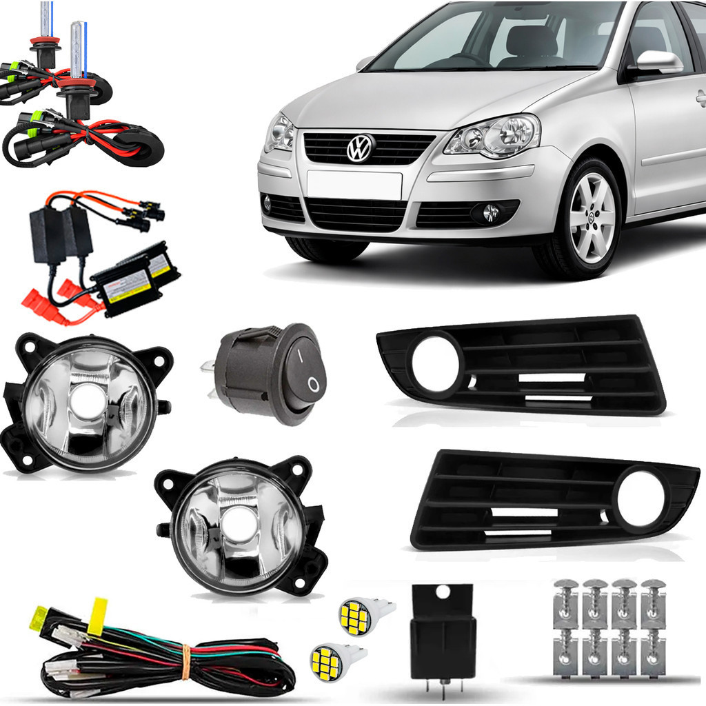 Kit Farol De Milha Neblina Auxiliar Farolete Cibie Completo Polo 2007 2008 2009 2010 2012 Com molduras + Xenon 8000k