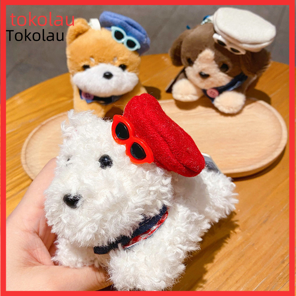 Dog Breed Doll Pendant Skin-friendly Plush Toy Cute Keychain with Hat Sunglasses Soft Denim Hanging Chain for Backpack C