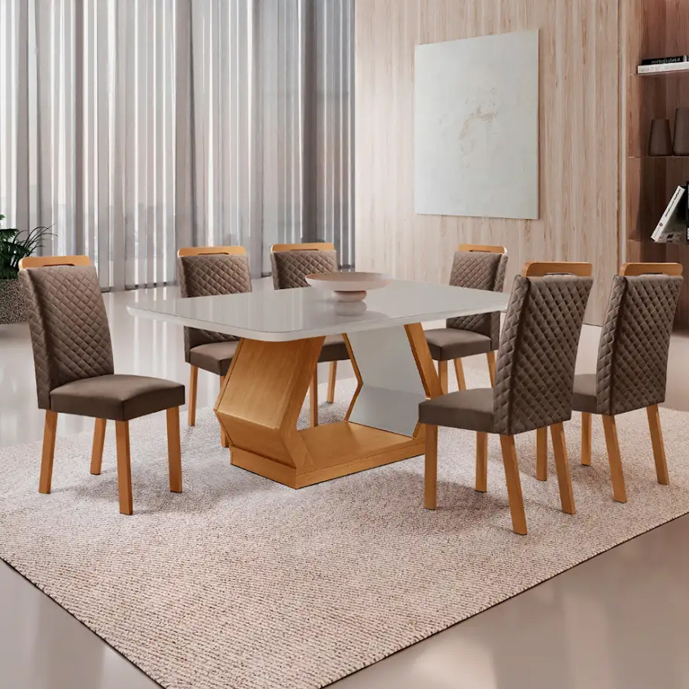 Mesa de Jantar Alvorada 180cm Tampo MDF Vidro Canto Copo com 6 Cadeiras Lorena Moderna Mobília