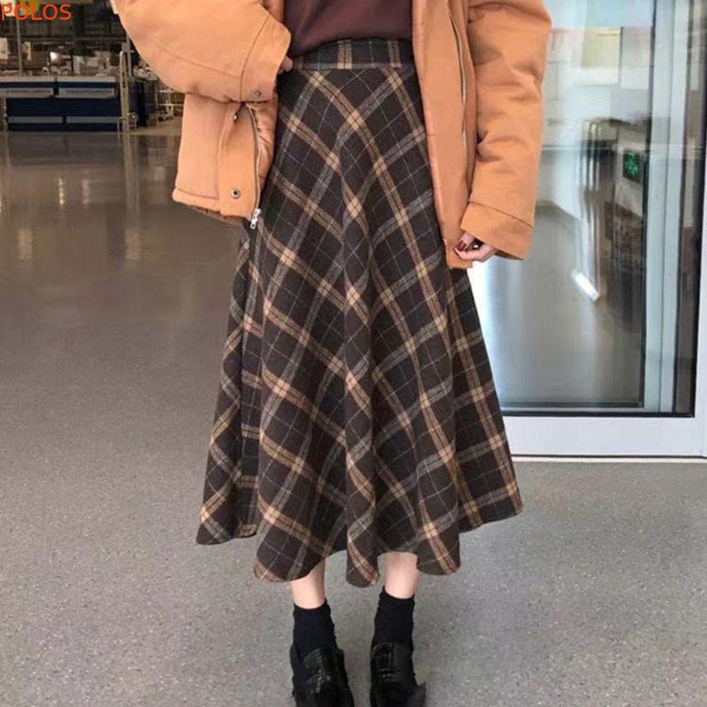 Saia Longa De Cintura Alta POLOS , Xadrez Retrô Autumu Clássica De Inverno , Meia Linha A Estética