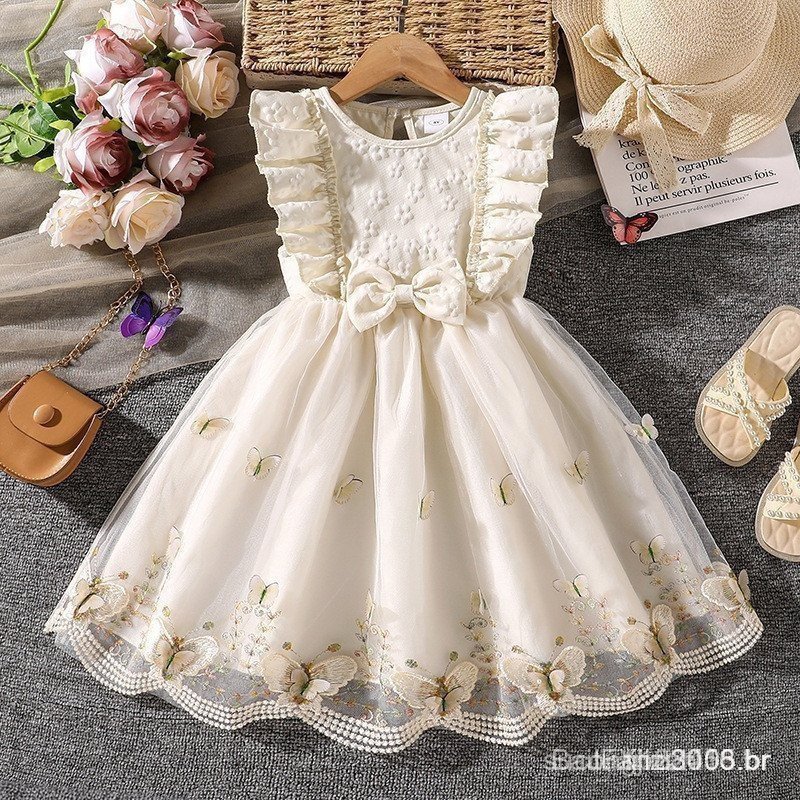 Vestido para Meninas de 4 a 7 Anos, Novo Vestido de Verão Sem Mangas com Renda e Borboleta em Tule 7E U5IO