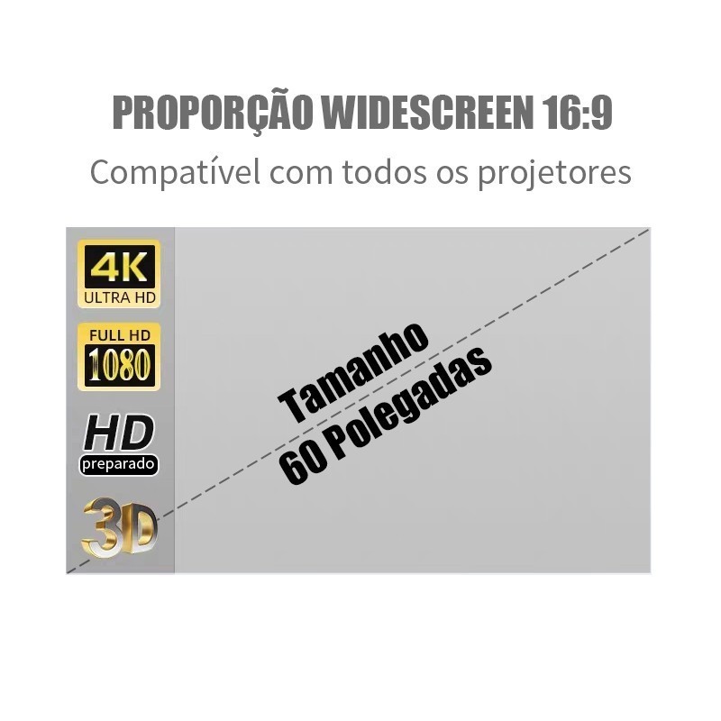 Tela de Projeção Dobrável 60/100 Polegadas 4K Full HD 16:9 Antirreflexo Portátil para Projetor Home Theater Parede