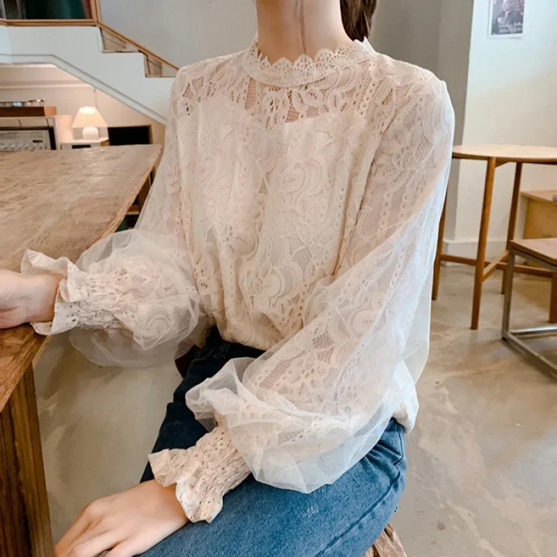 Branco Estilo Coreano Camisa De Renda Feminina Solta Manga Longa Lanterna Blusa Nova 2025 Roupa Interior Base Meia Gola