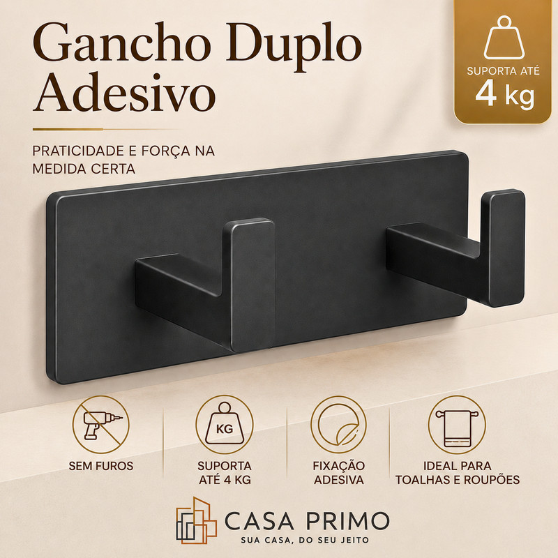 Gancho Duplo Adesivo 3M Preto Parede Para Toalhas e Roupões Sem Furo 4 Kg Banheiro Lavabo Casa Primo