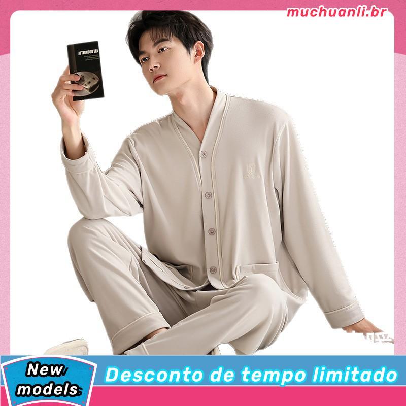 Pijama Adulto Plus Size Masculino Longo Inverno Abertura Frontal Com Botões