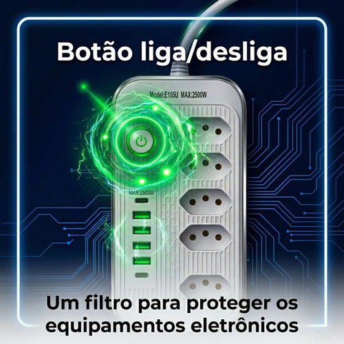 Filtro de Linha 5 Tomadas + 4 USB + 2 USB-C Cabo 2,0m Bivolt 127V/220V - Extensão Proteção — imagem 2 de 2