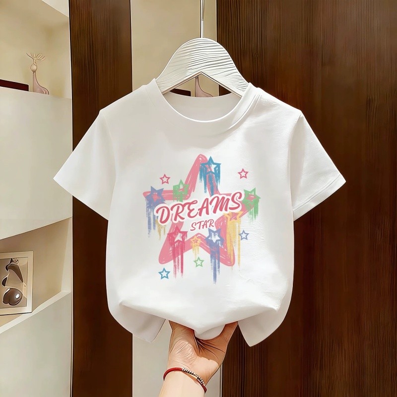 Crianças puro algodão pele-amigável camiseta de manga curta 2026 verão novo estilo meninas em torno do pescoço topo moda