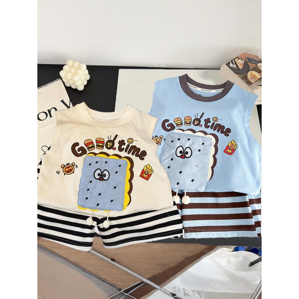 Crianças sem mangas colete conjunto verão dos desenhos animados tridimensional boneca meninos meninas Shorts camiseta Ca