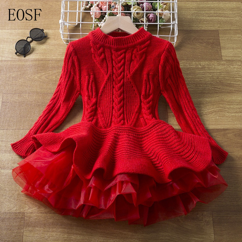 Vestido de Inverno para Meninas, Vestido de Festa Infantil, Vestido de Outono para Crianças, Suéter de Tricô de Manga Lo