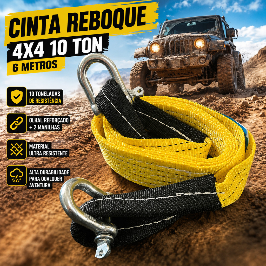 Cinta Reboque 4x4 10Ton X 6Mts Olhal Reforçado + 2 Manilhas Desatolamento para Carro Jeep e Caminhão