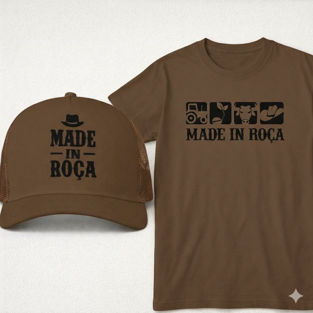 Kit Country Camiseta + Bone Made in Roça 100% Algodão P ao G3 Plus Size Masculino Feminino