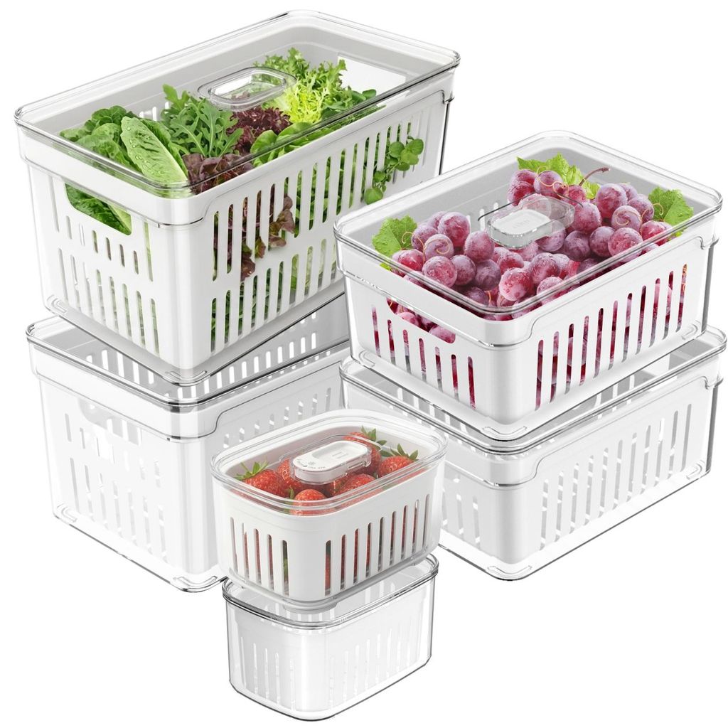 Kit 6 Organizadores Geladeira Armário Clear Fresh Alimentos Potes Herméticos Acrílico Vegetais Fruta