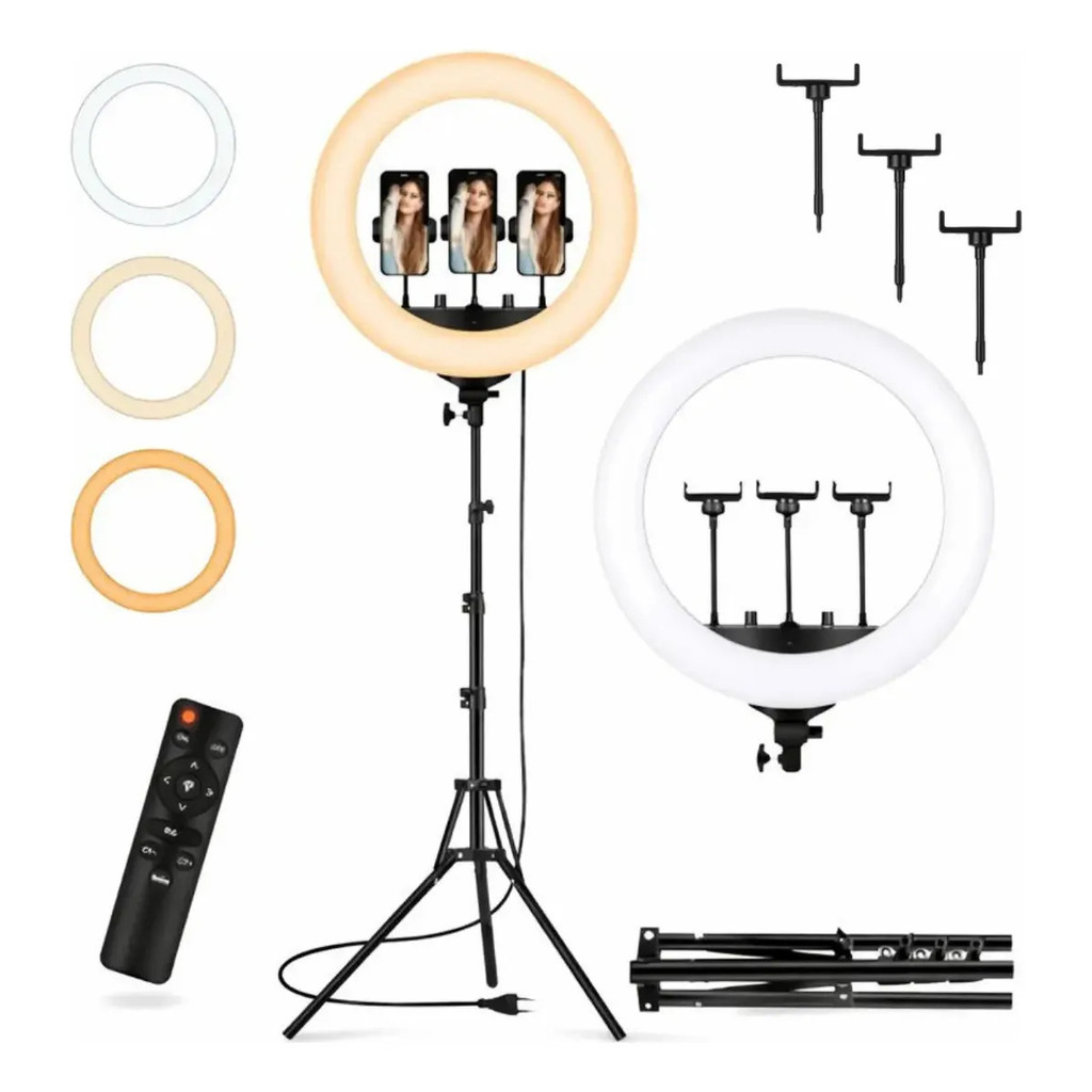 Ring Light 18 polegadas Com Suporte 3 Celulares e Tripe 2,10 altura Completa
