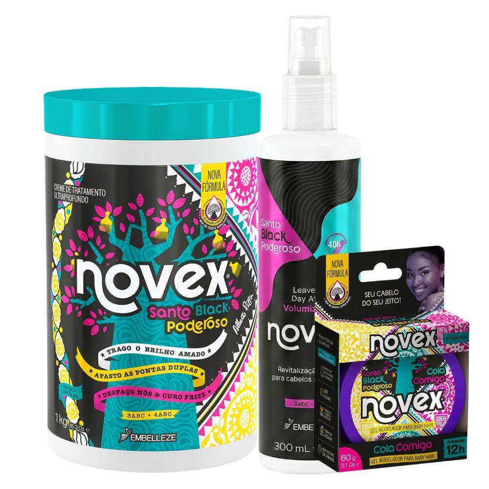 Kit Novex Santo Black Poderoso: Creme De Tratamento 1kg, Leave-In Day After 300ml e Gel Para Baby Hair 60g