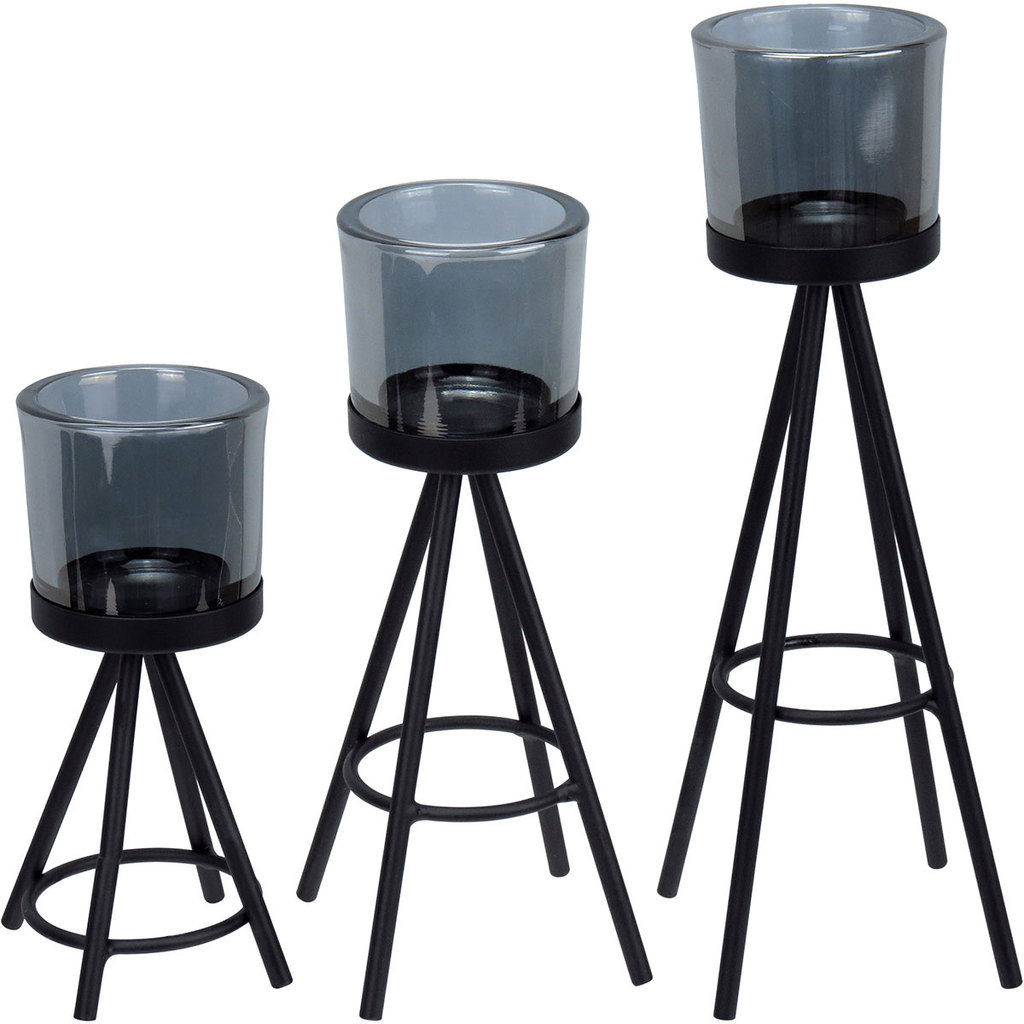 JOGO 3 CASTIÇAL DECORATIVO PORTA VELA SUPORTE HOME&CO CÚPULA VIDRO METAL PRETO