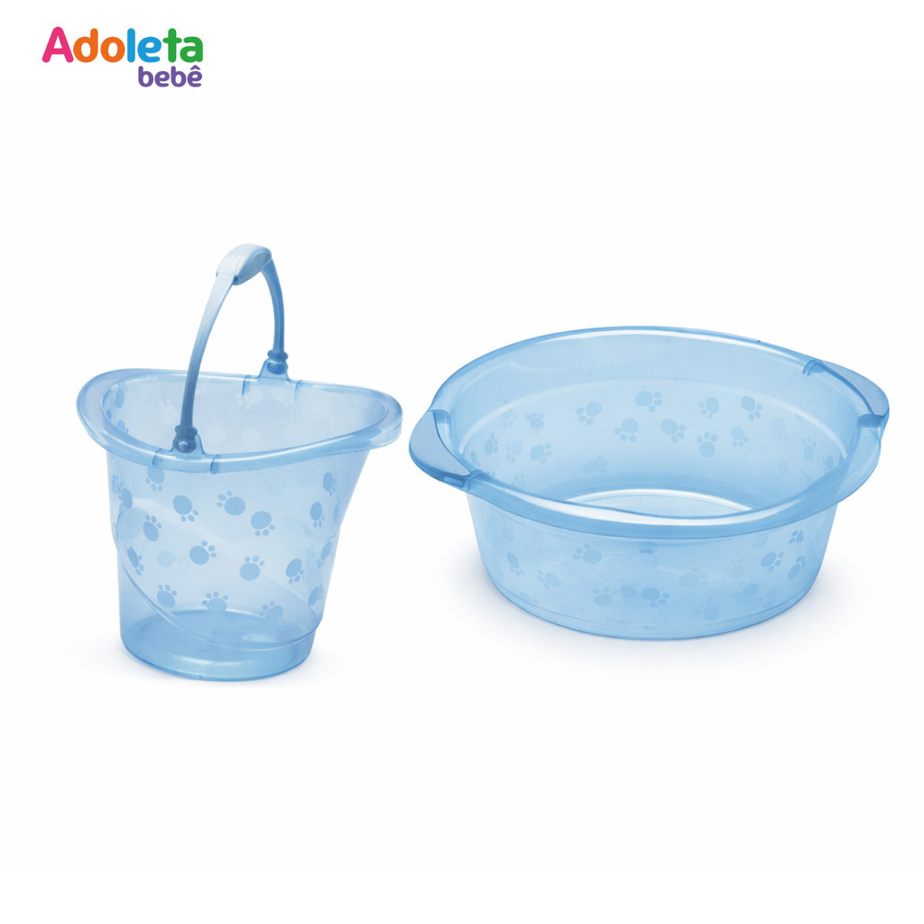 Kit Bacia 15 L + Balde 13 L | Azul Transparente | Adoleta | Banho Infantil