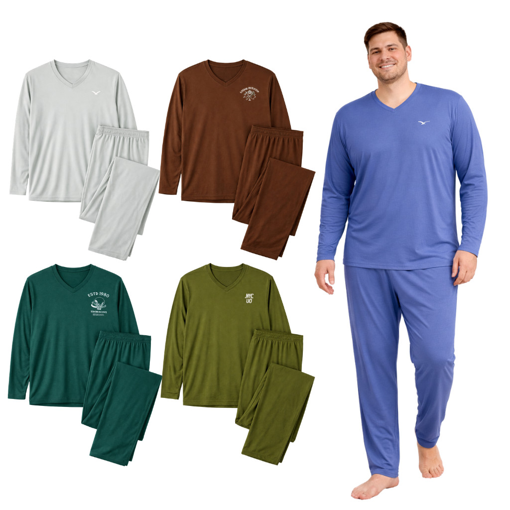 Pijama Longo Adulto Masculino Básico Bordado Plus Size Sortido G1 ao G3