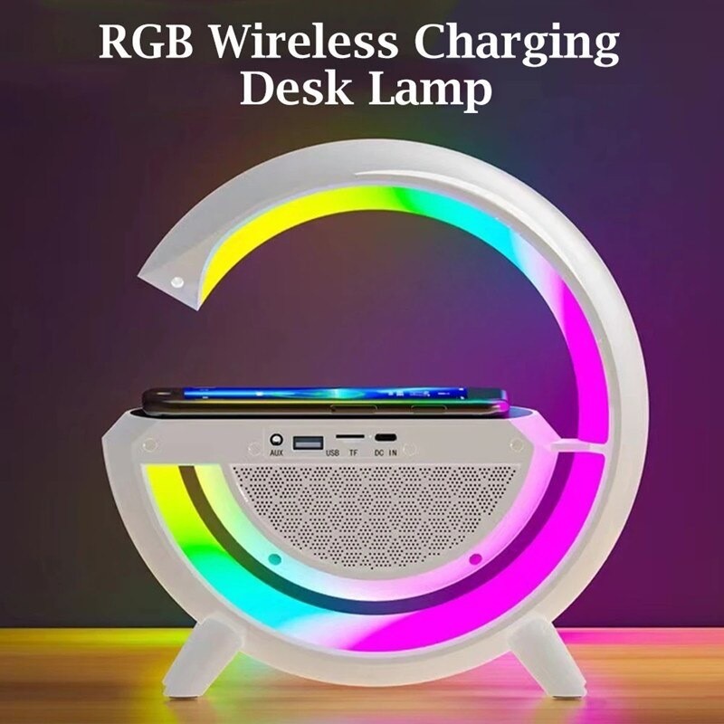 Luminária G Multifuncional | Carregador de Indução Qi | Caixa de Som Bluetooth | Relógio Display LED | RGB