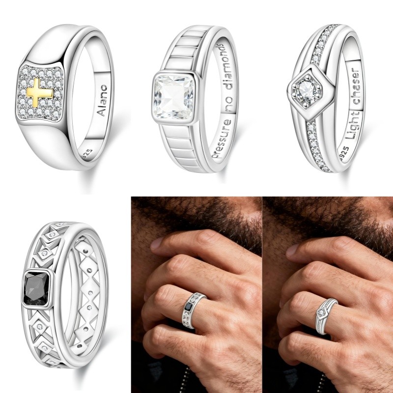 Anel masculino Original S925 prata rosto largo cruz anel masculino quadrado diamante anel masculino preto Jazz anel masc