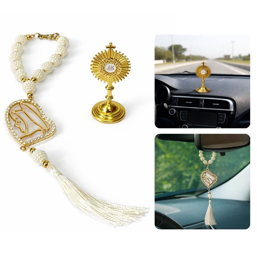 Kit Terço Nossa Senhora Aparecida + Ostensório Carro Proteção