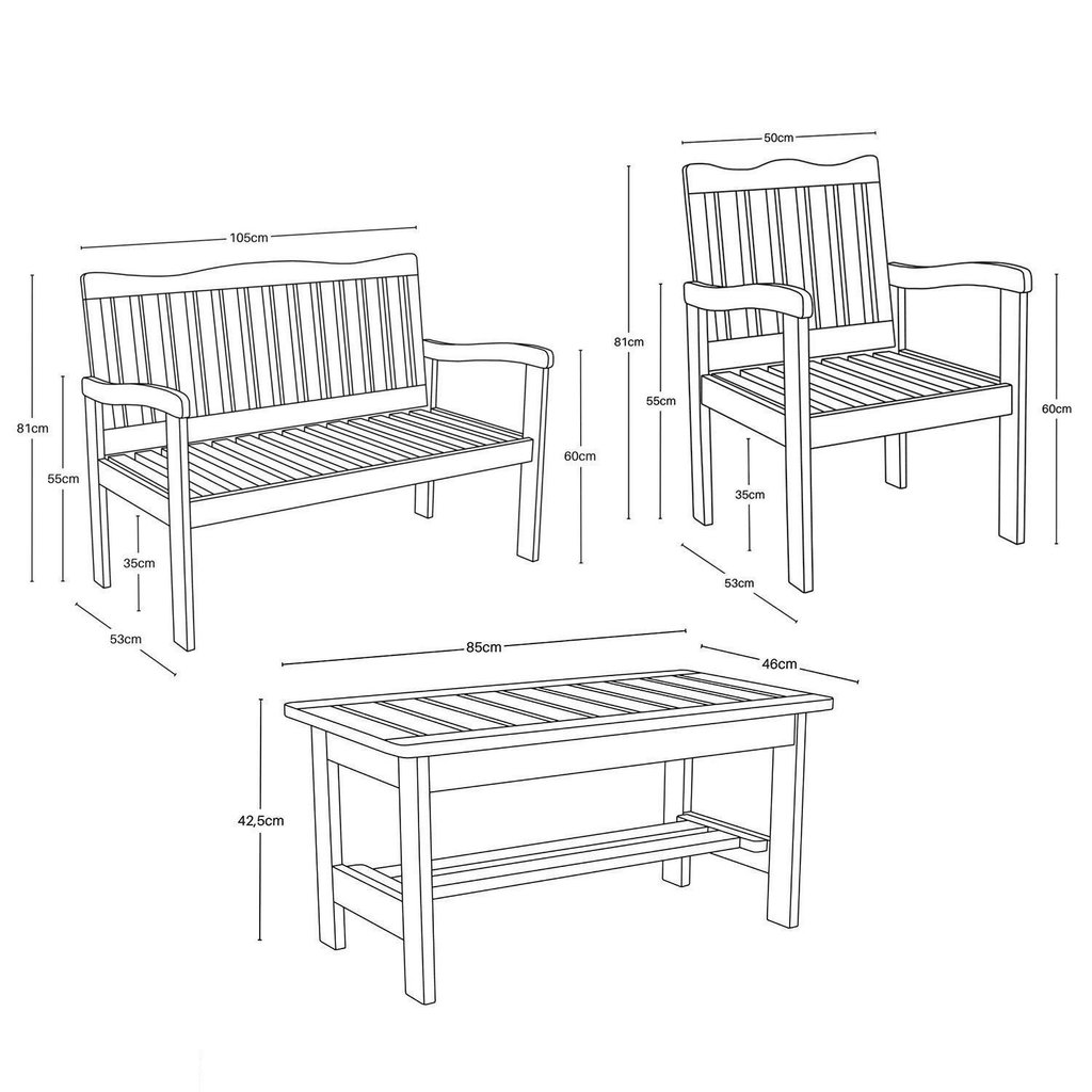 Conjunto para Jardim de Madeira Eucalipto 4 Peças Estofado Nature Yescasa Nature/Branco