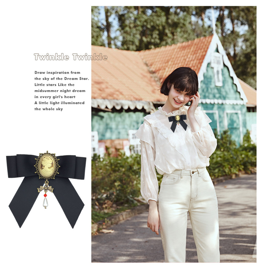 Retro estilo palácio camisa pequena gravata borboleta blusa decote decoração gravata borboleta flor moda All-Match colar