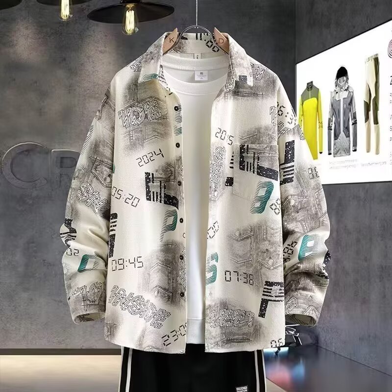 Camisa impressa masculina de manga comprida versão coreana moda na moda bonito camisa masculina Design nicho Casual jaqu