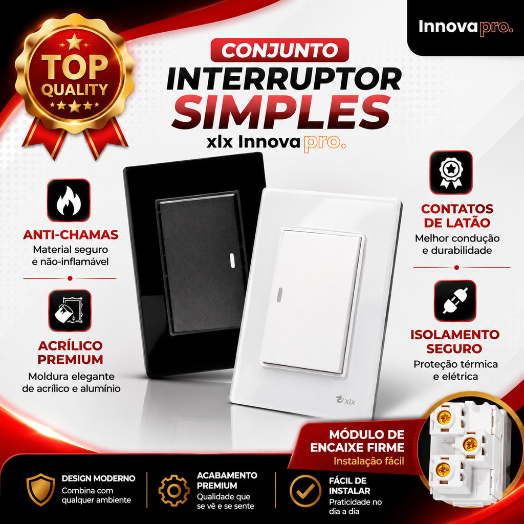 Tomada Modular 4x2 Interruptor Simples Acrilico Espelhado Branco Luxo Anti-Chamas Innova Pro XLX