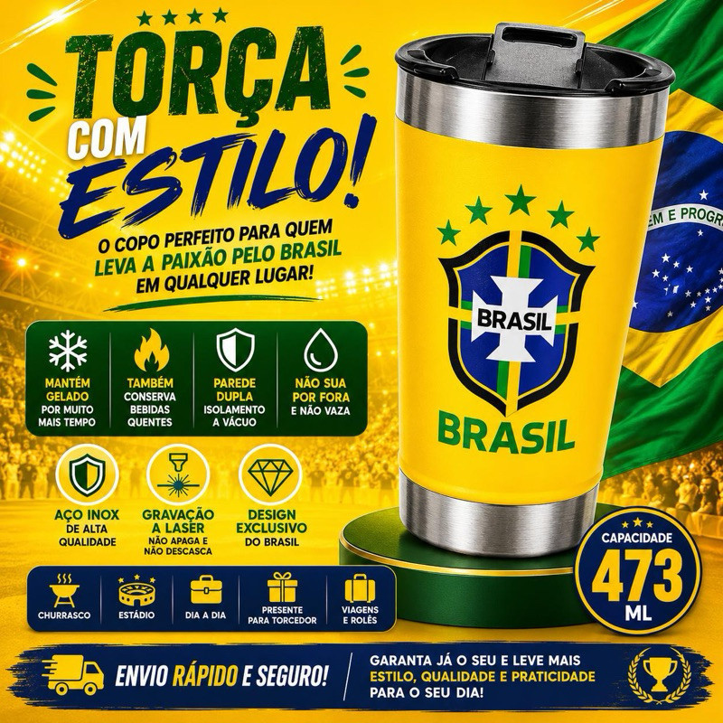 Copo Térmico Brasil 473ml Inox Com Tampa Abridor Parede Dupla Mantém Gelado Personalisado