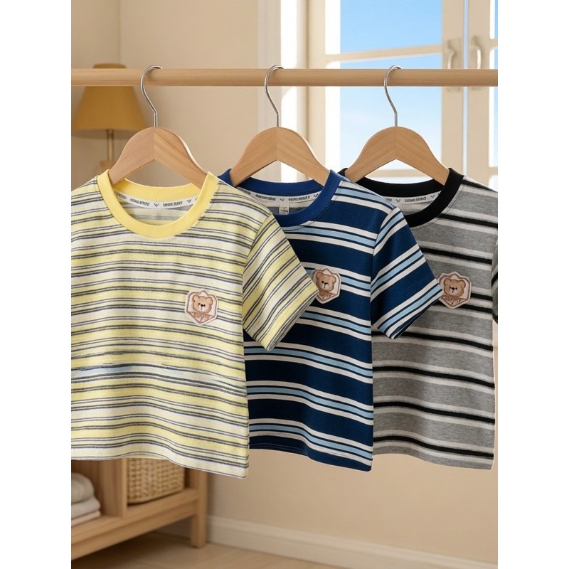 Crianças listrado camiseta menino bebê verão etiqueta no peito dos desenhos animados de manga curta topo versão coreana 